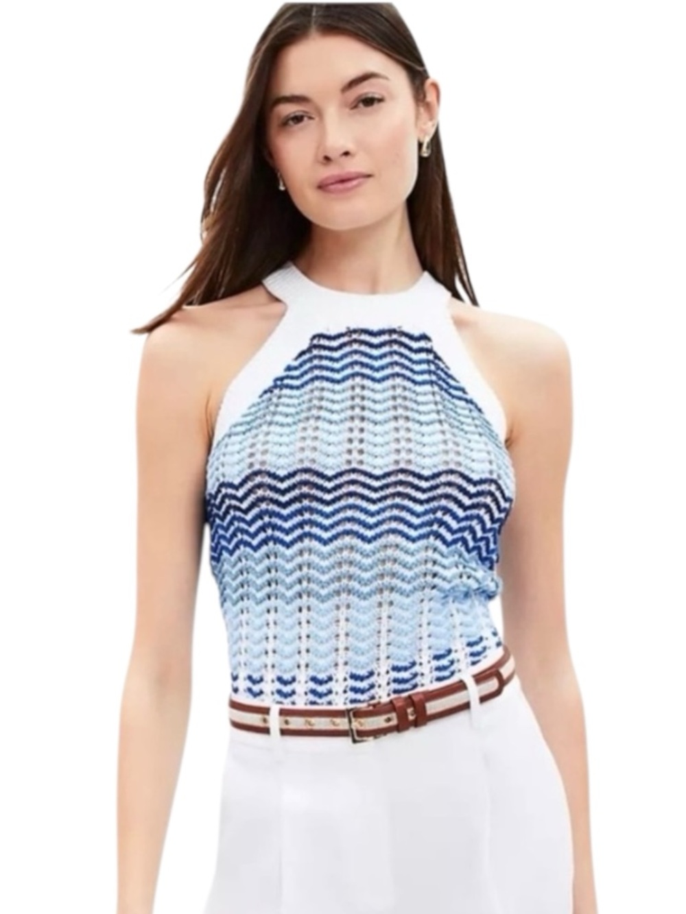 NWT LOFT Knit Chevron Blue White Halter Top - Women’s Large